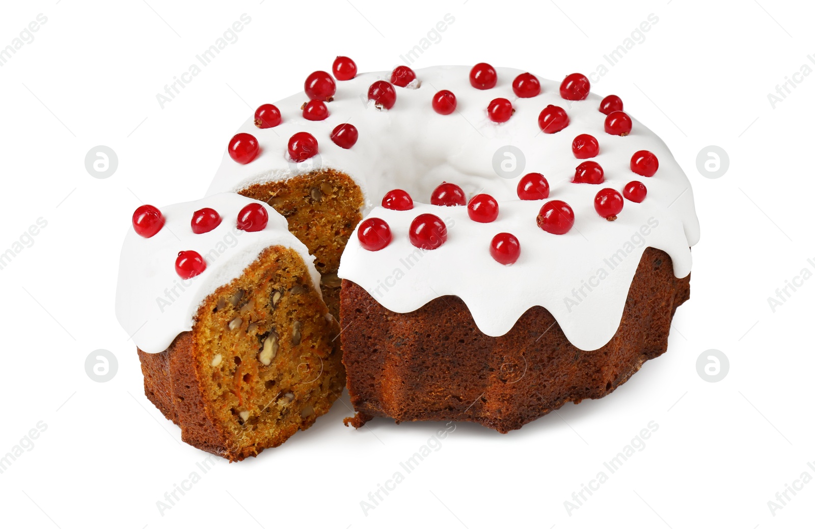 Photo of Traditional Christmas cake decorated with red currants isolated on white