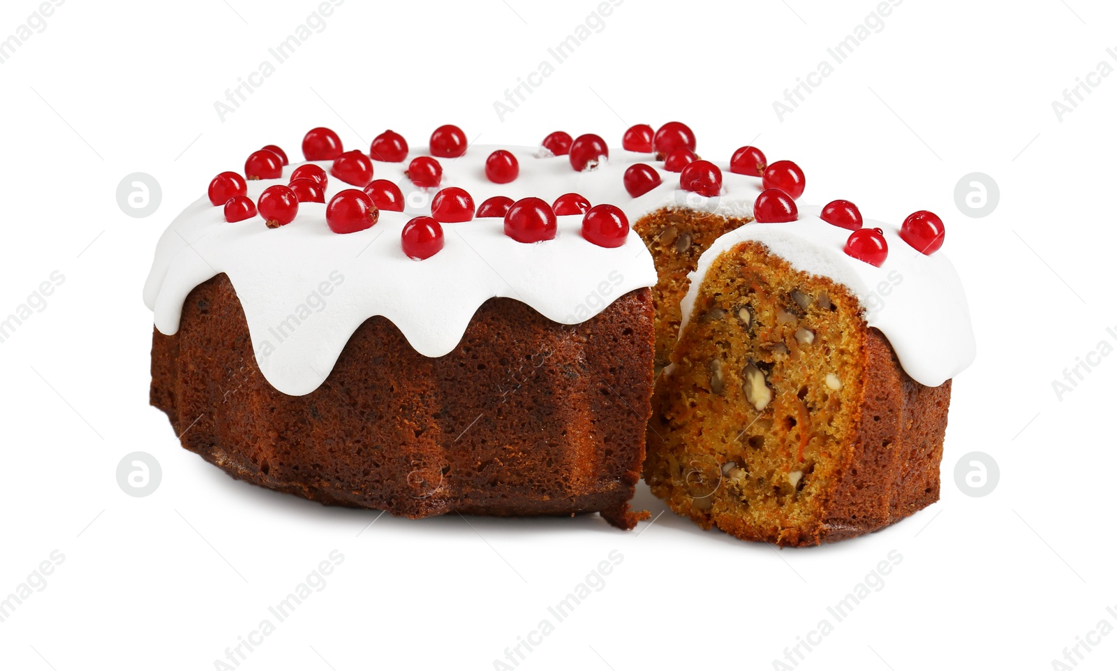 Photo of Traditional Christmas cake decorated with red currants isolated on white