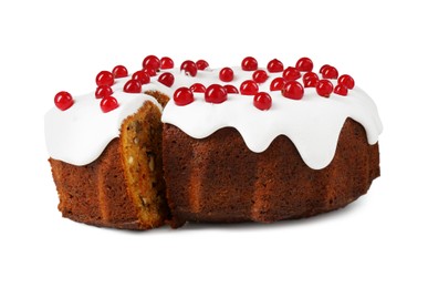 Photo of Traditional Christmas cake decorated with red currants isolated on white