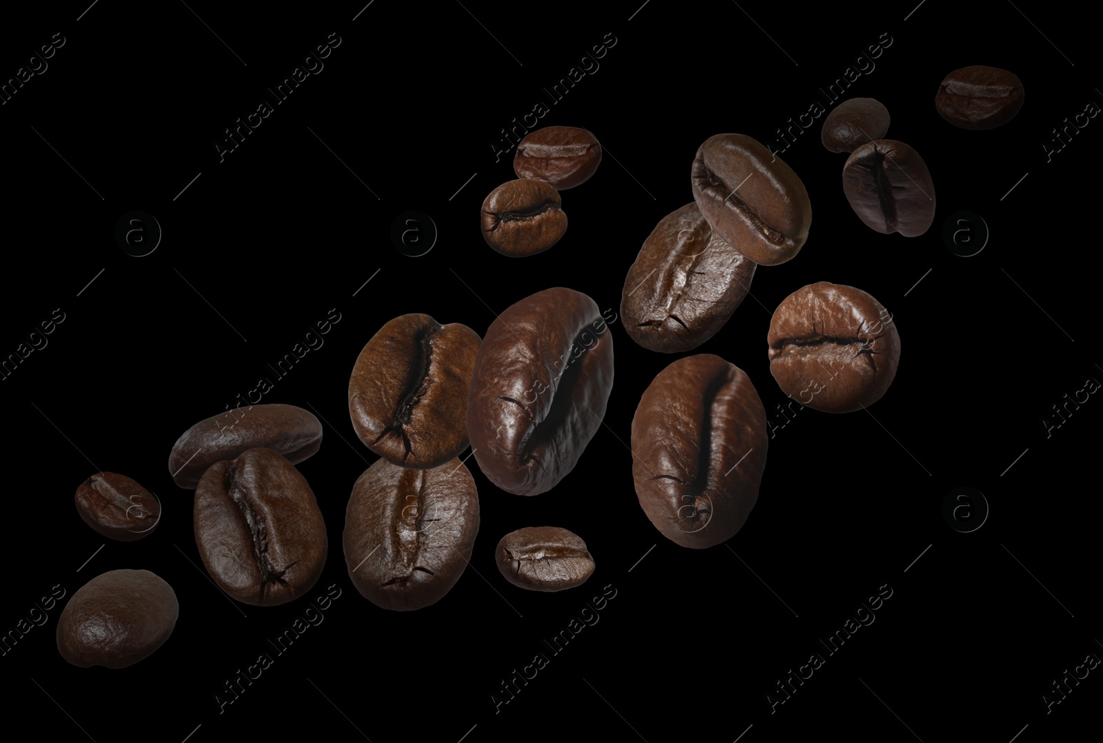 Image of Aromatic roasted coffee beans in air on black background