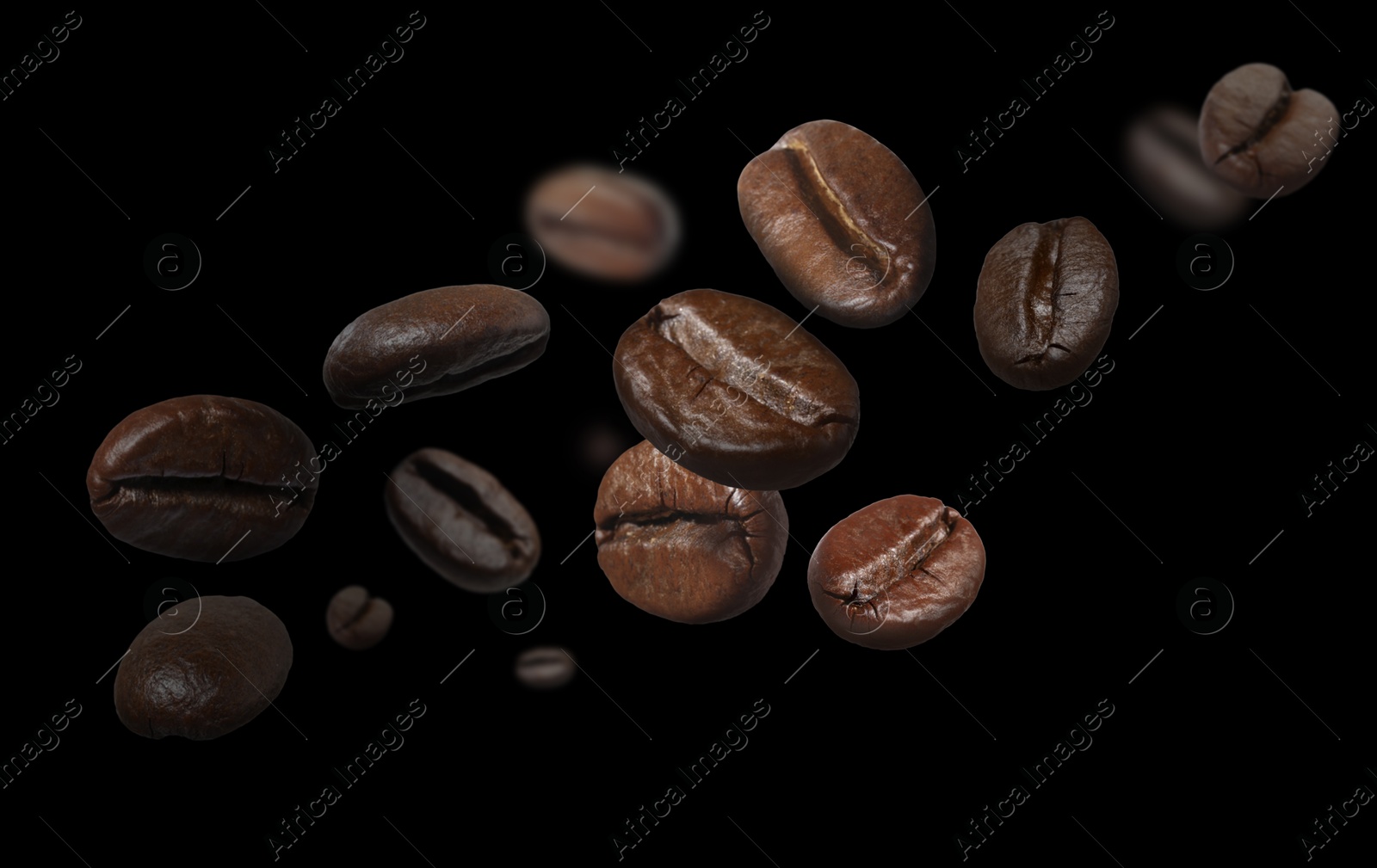 Image of Aromatic roasted coffee beans in air on black background