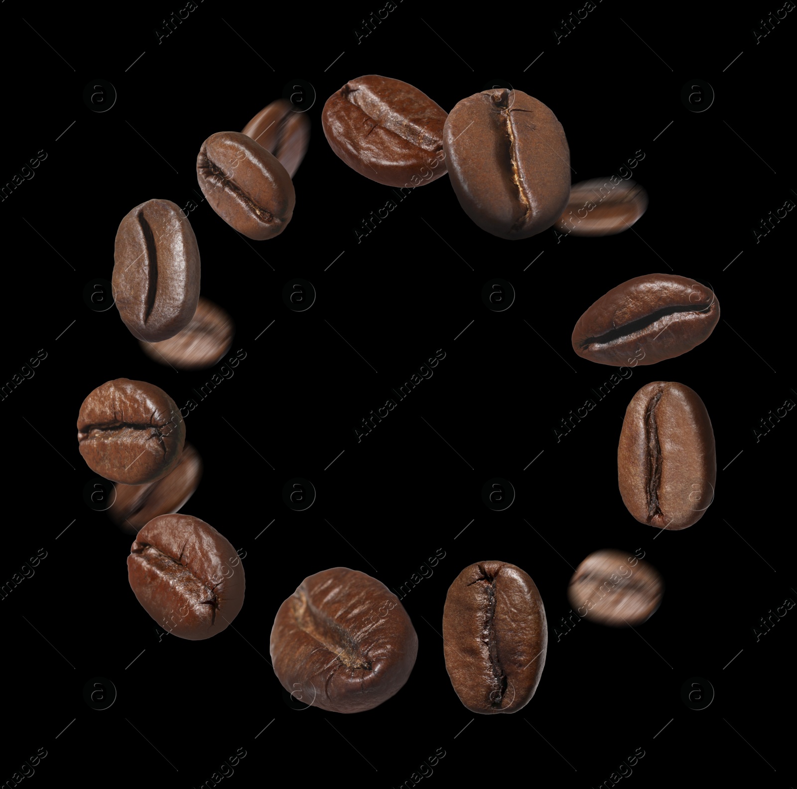 Image of Aromatic roasted coffee beans whirling in air on black background