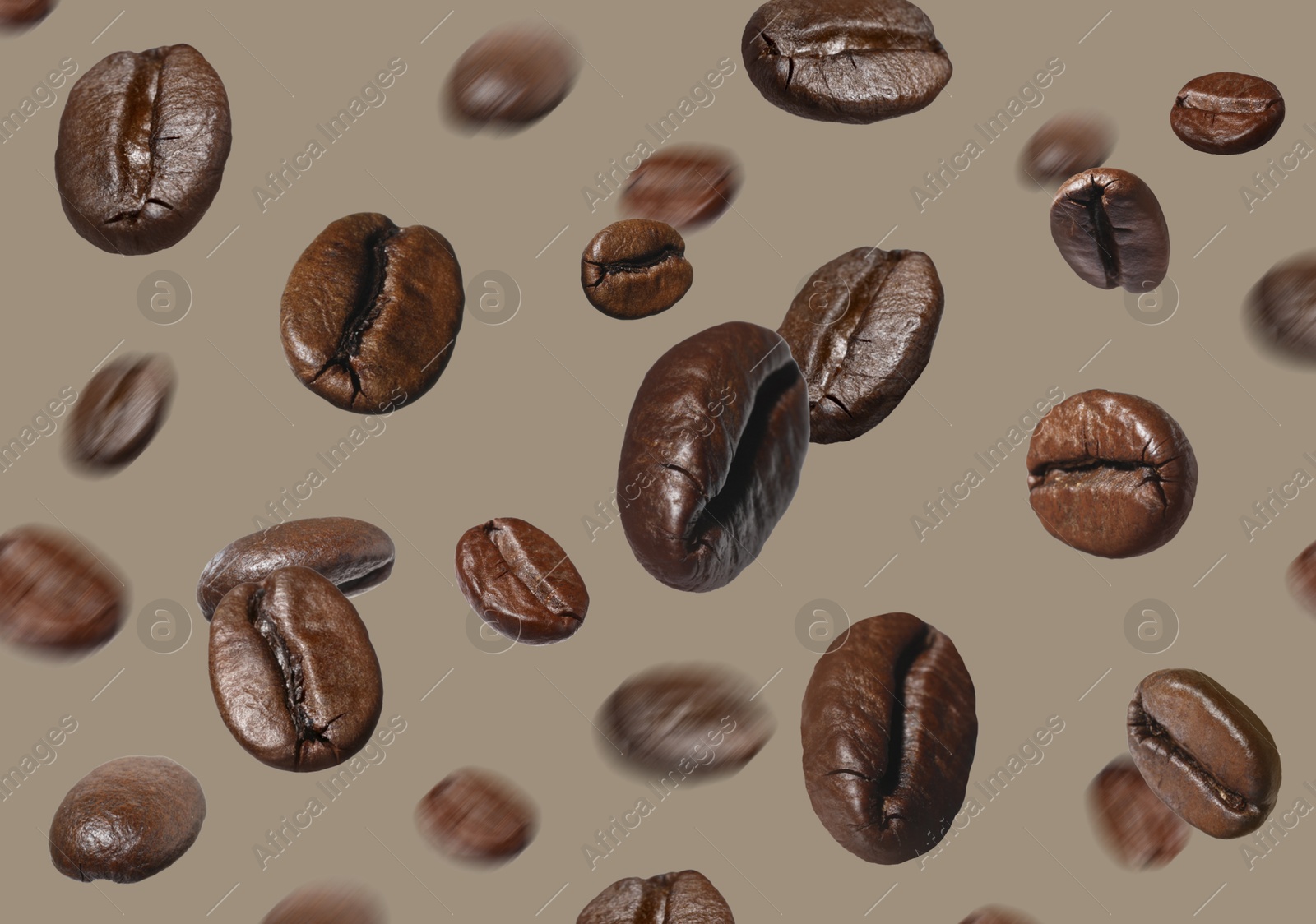 Image of Aromatic roasted coffee beans in air on beige grey background