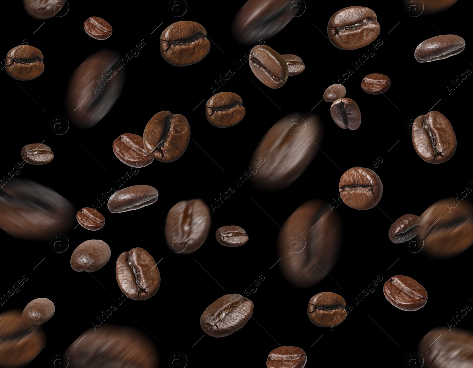 Image of Aromatic roasted coffee beans in air on black background