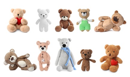 Different cute teddy bears isolated on white, collection