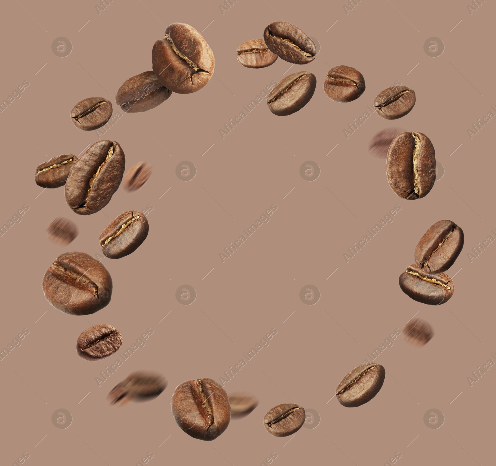 Image of Aromatic roasted coffee beans whirling in air on grey beige background