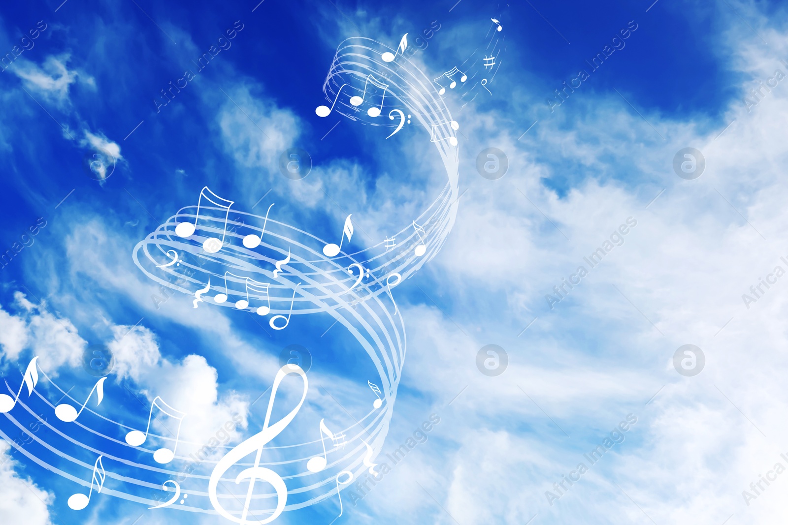 Image of Musical symbols in beautiful sky with clouds