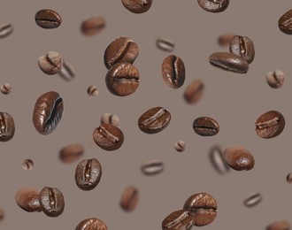 Image of Aromatic roasted coffee beans in air on grey background