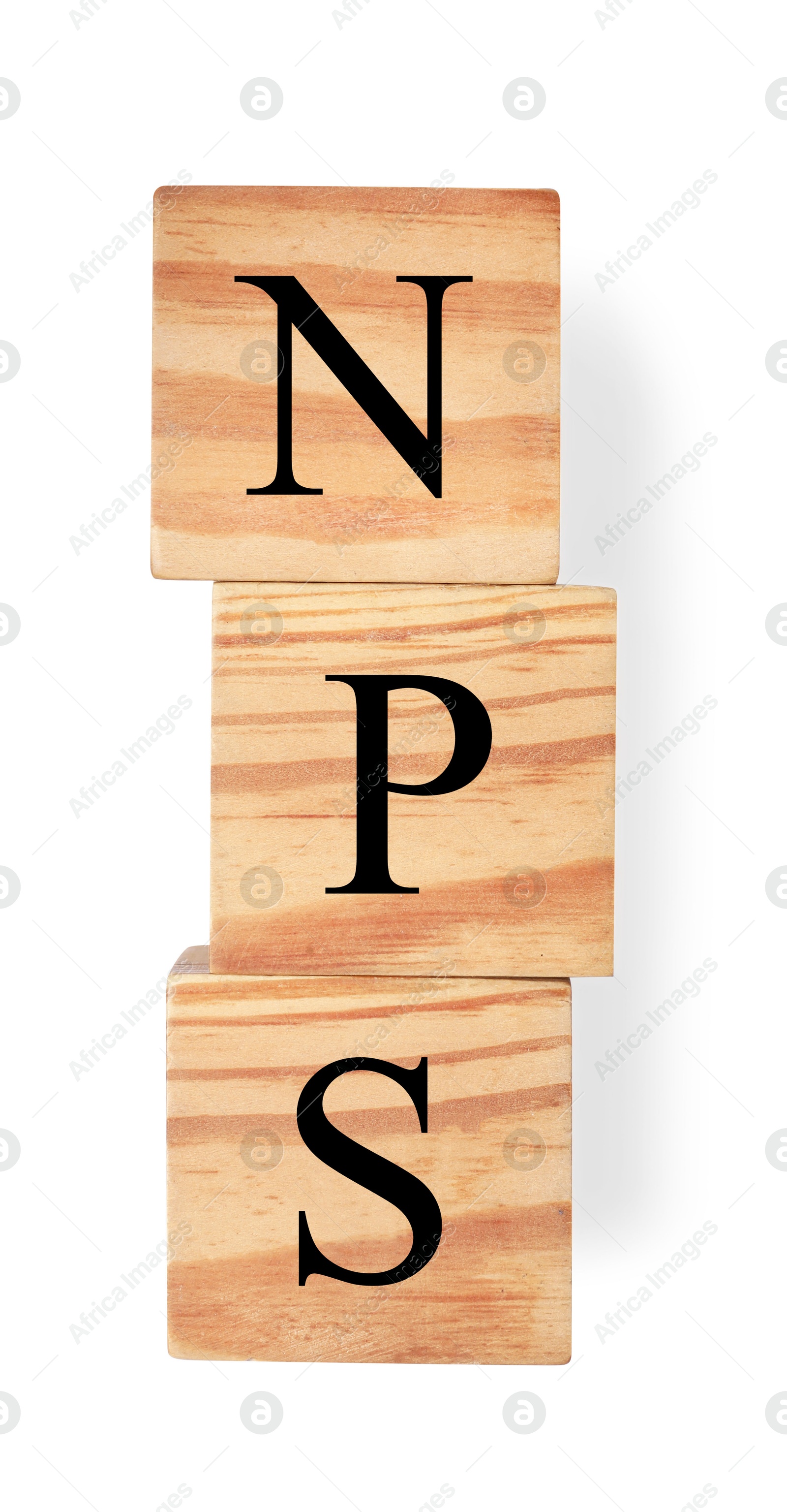 Image of NPS (net promoter score) abbreviation made of wooden cubes on white background, top view