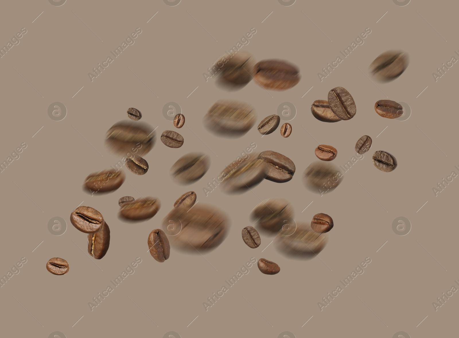 Image of Aromatic roasted coffee beans in air on grey background