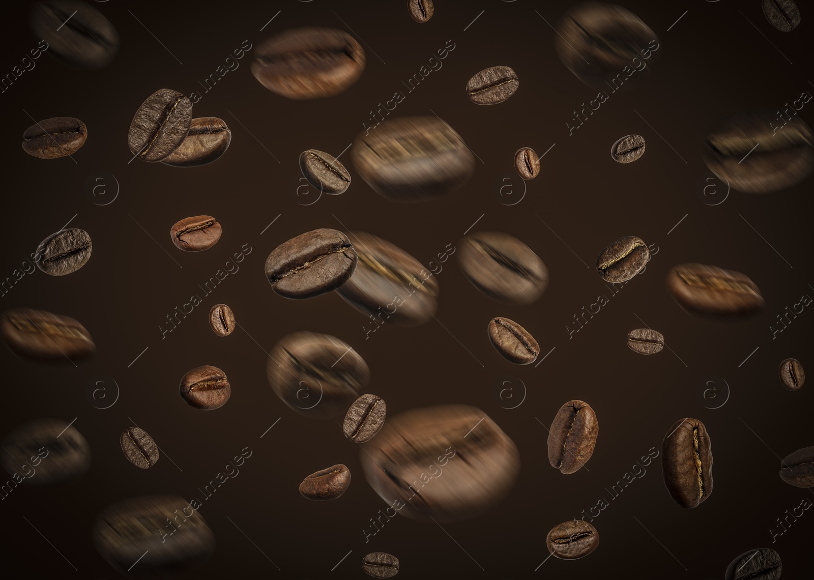 Image of Aromatic roasted coffee beans in air on dark brown background