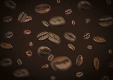 Image of Aromatic roasted coffee beans in air on dark brown background