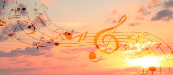 Image of Musical symbols in beautiful sunset sky with clouds, banner design