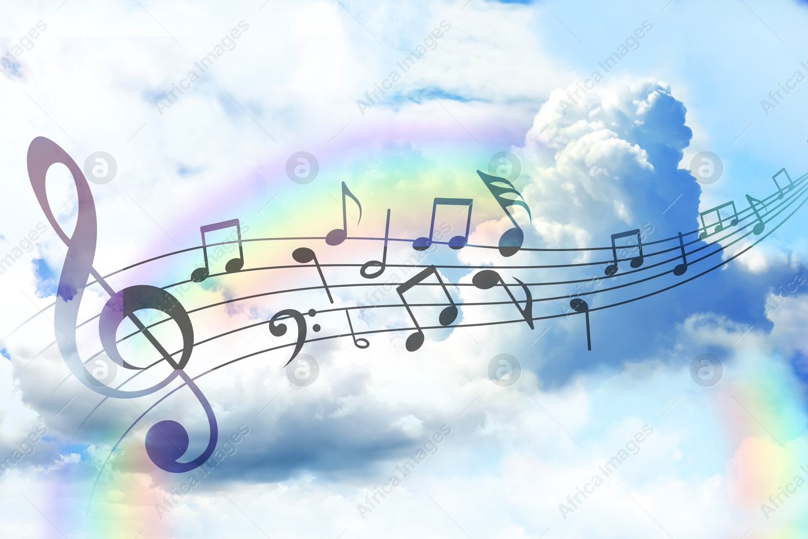 Image of Musical symbols in beautiful sky with clouds and rainbow