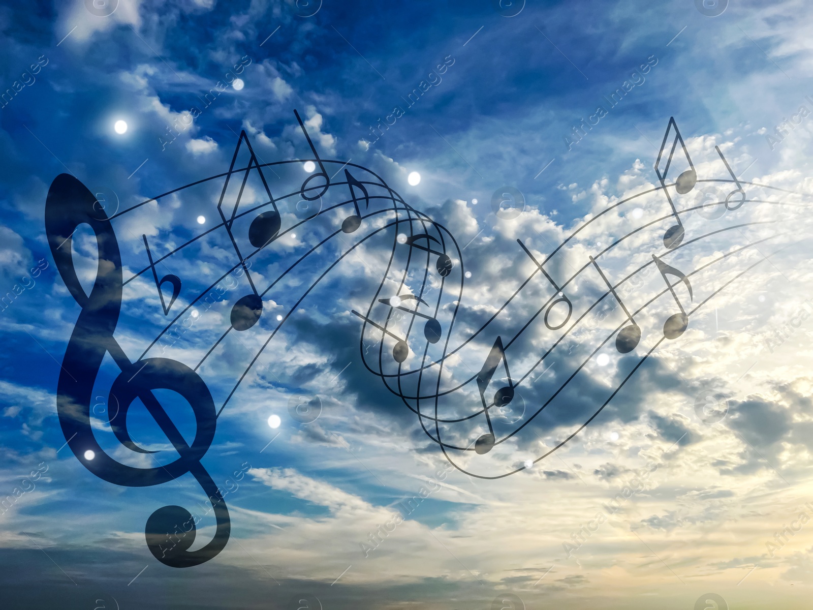 Image of Musical symbols in beautiful sky with clouds