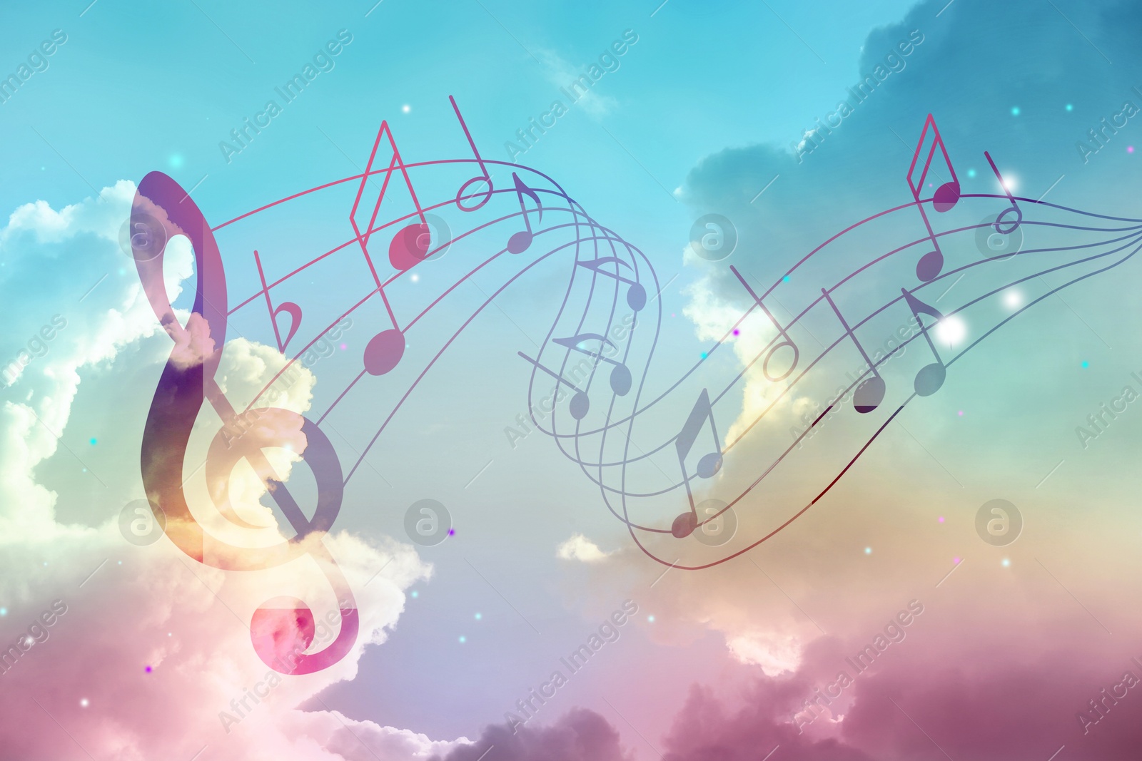 Image of Musical symbols in beautiful sky with clouds, color toned