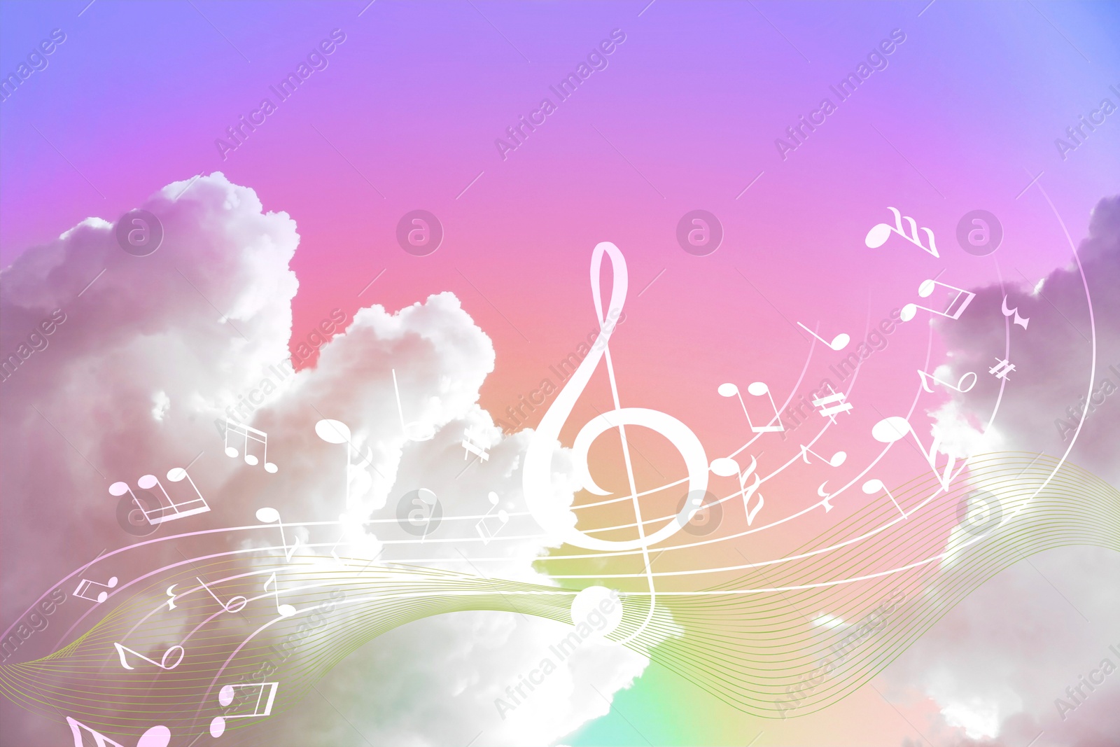 Image of Musical symbols in beautiful sky with clouds, color toned