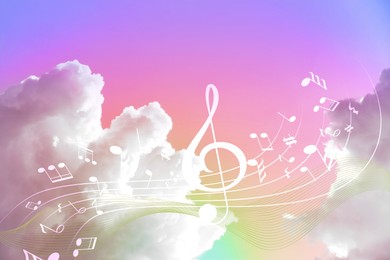 Image of Musical symbols in beautiful sky with clouds, color toned