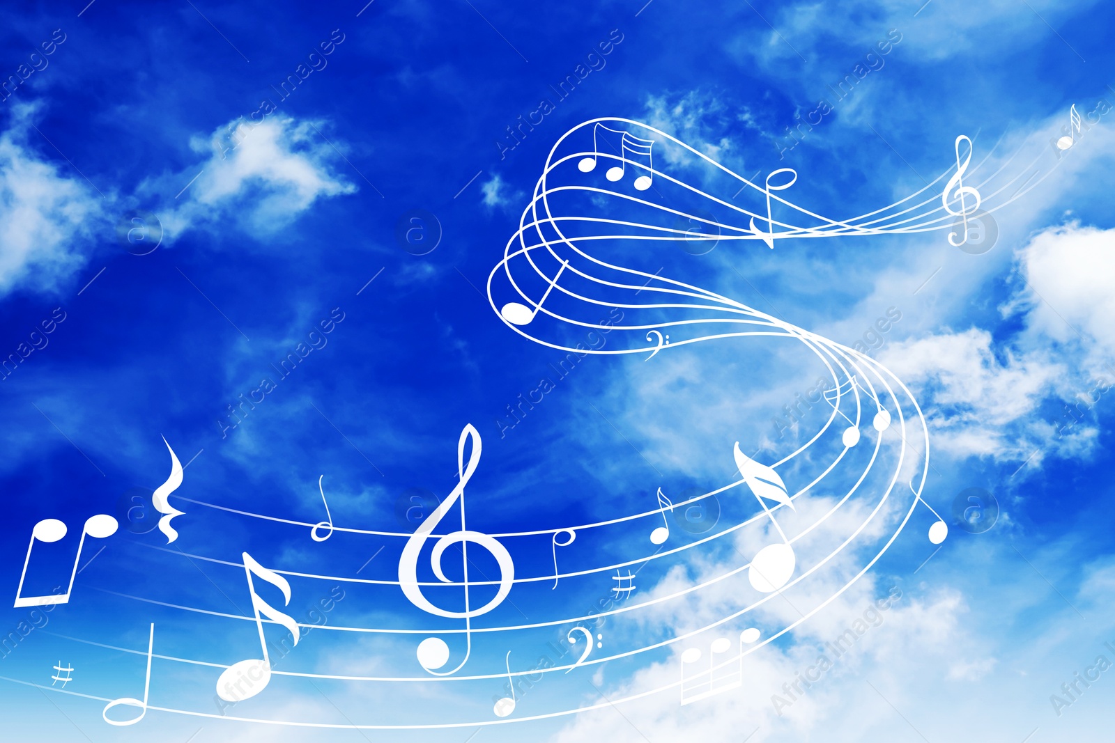 Image of Musical symbols in beautiful sky with clouds