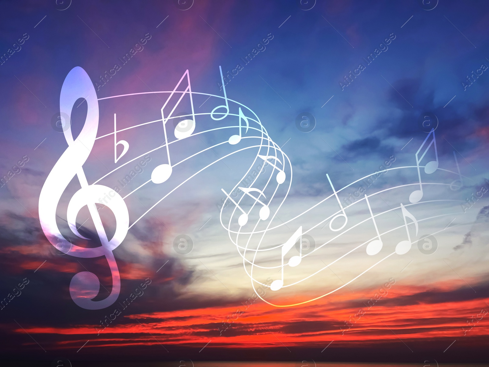 Image of Musical symbols in beautiful sunset sky with clouds