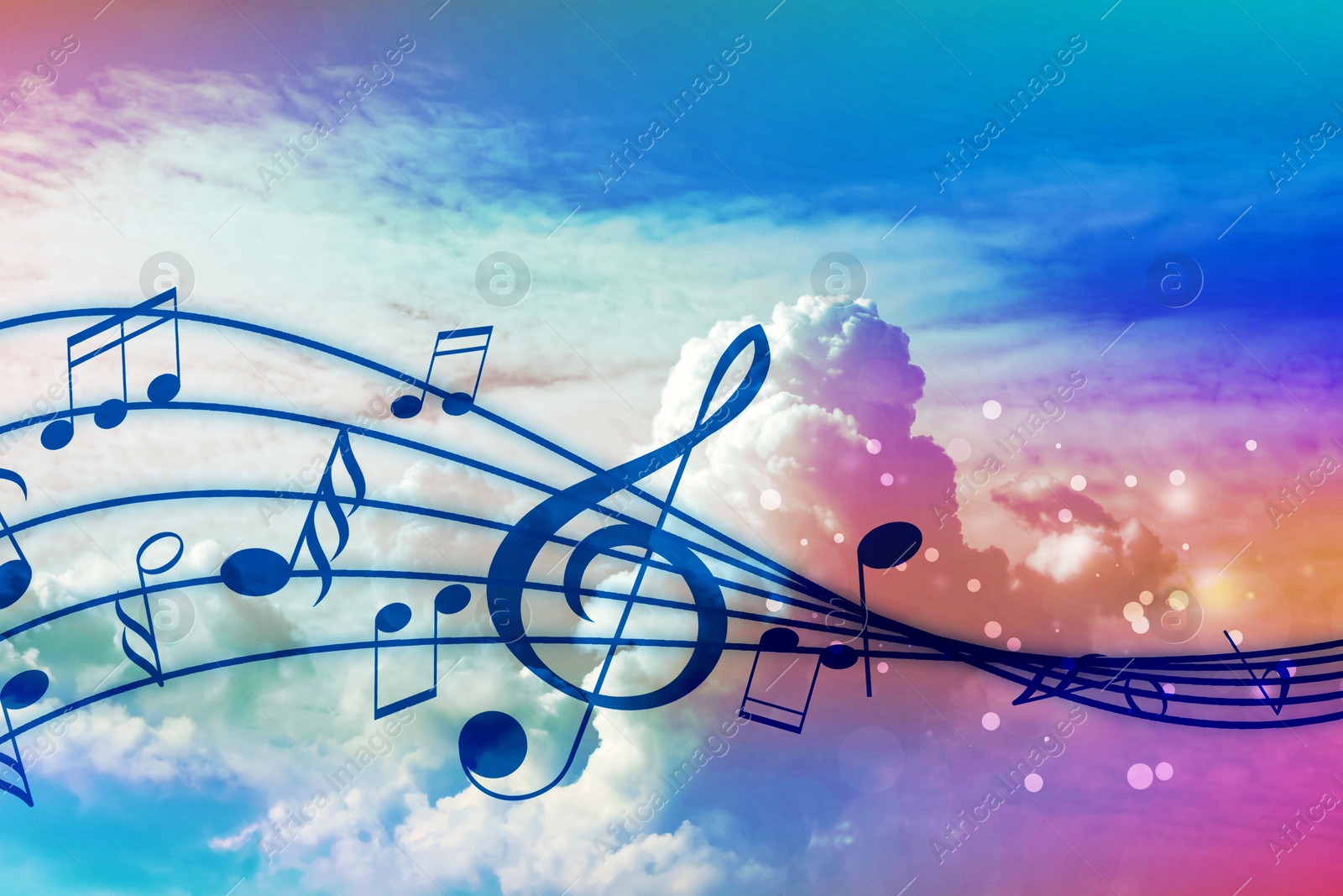 Image of Musical symbols in beautiful sky with clouds, color toned