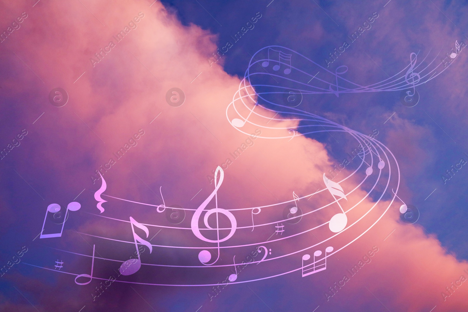 Image of Musical symbols in beautiful sky with clouds