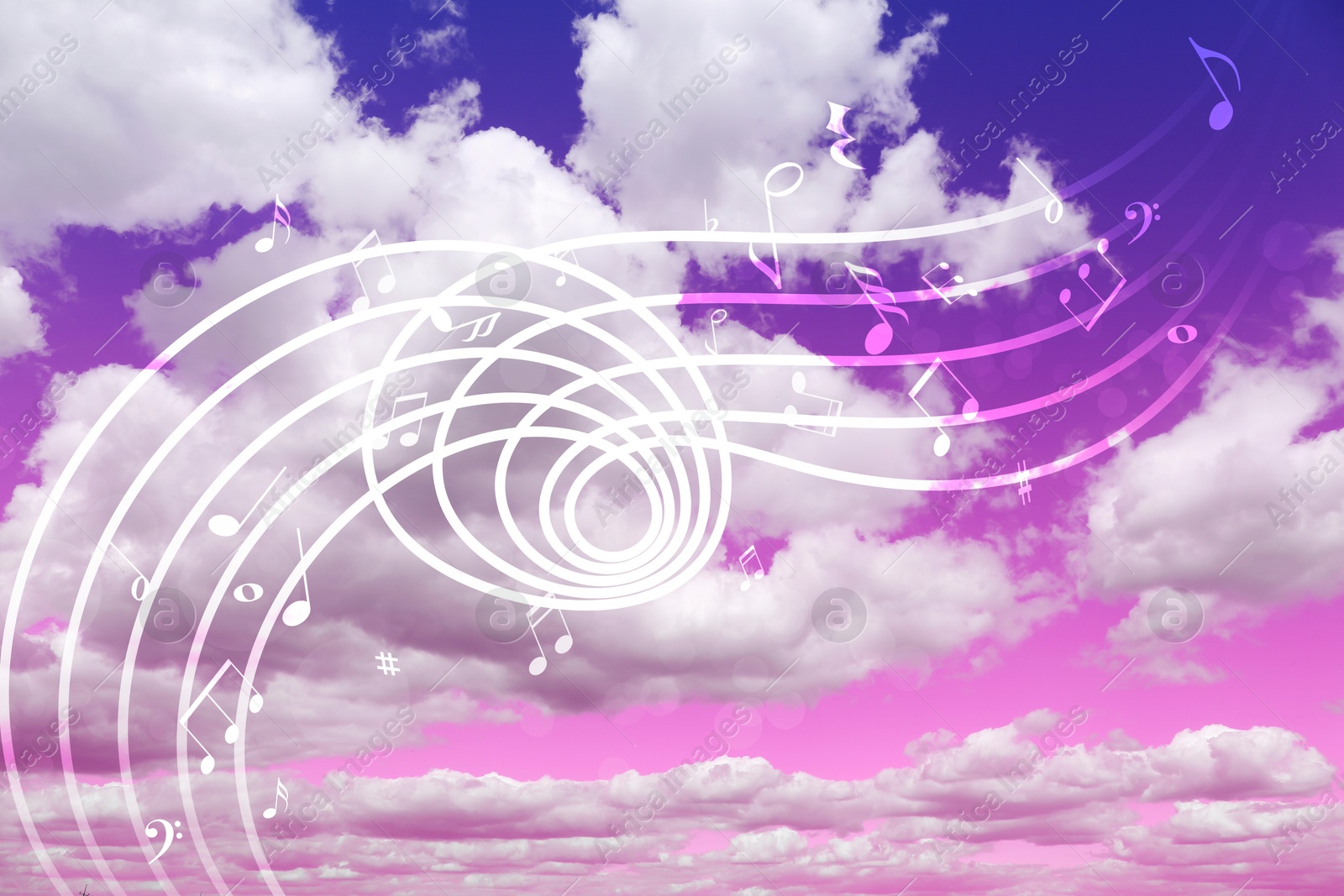 Image of Musical symbols in beautiful sky with clouds, color toned