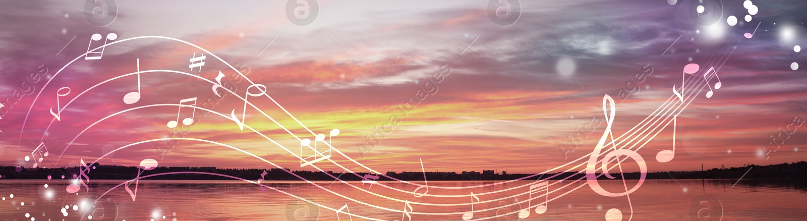 Image of Musical symbols and beautiful sky with clouds over river at sunset