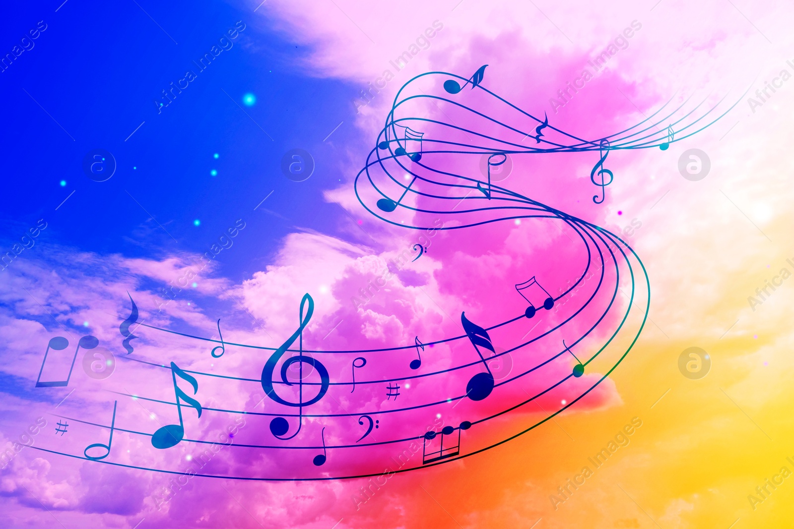 Image of Musical symbols in beautiful sky with clouds, color toned