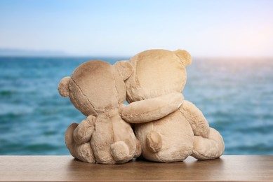 Image of Hugging teddy bears on wooden surface looking at picturesque seascape, back view