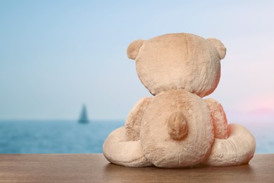 Image of Fluffy teddy bear on wooden surface looking at beautiful seascape, back view. Space for text