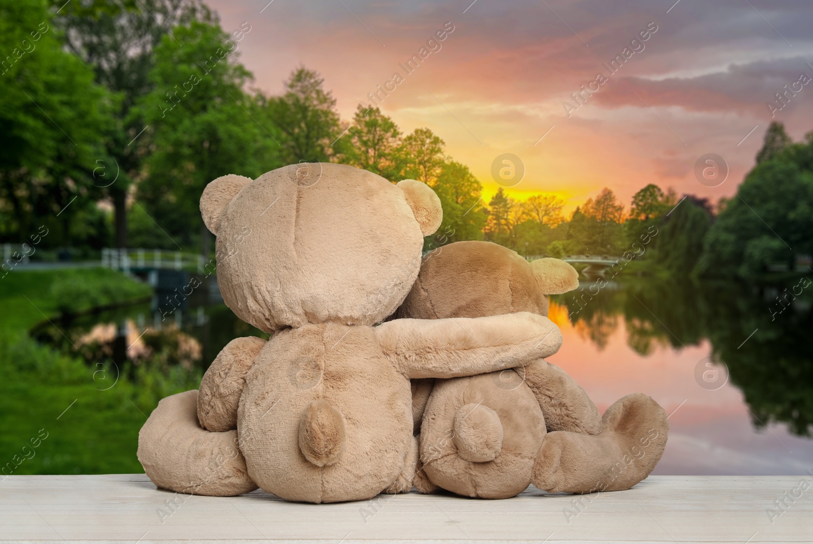 Image of Hugging teddy bears on wooden surface looking at picturesque landscape, back view