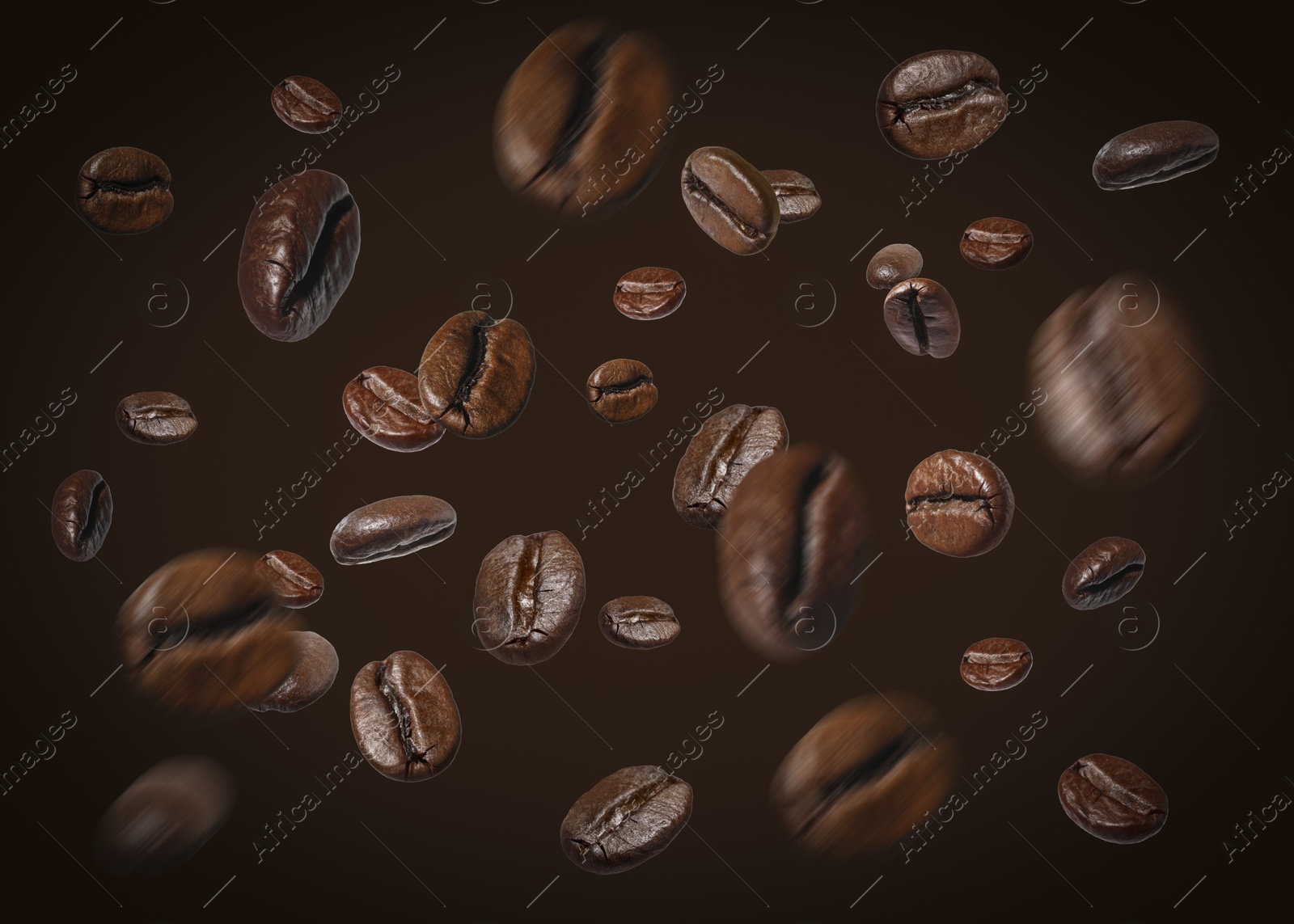 Image of Aromatic roasted coffee beans in air on dark brown background