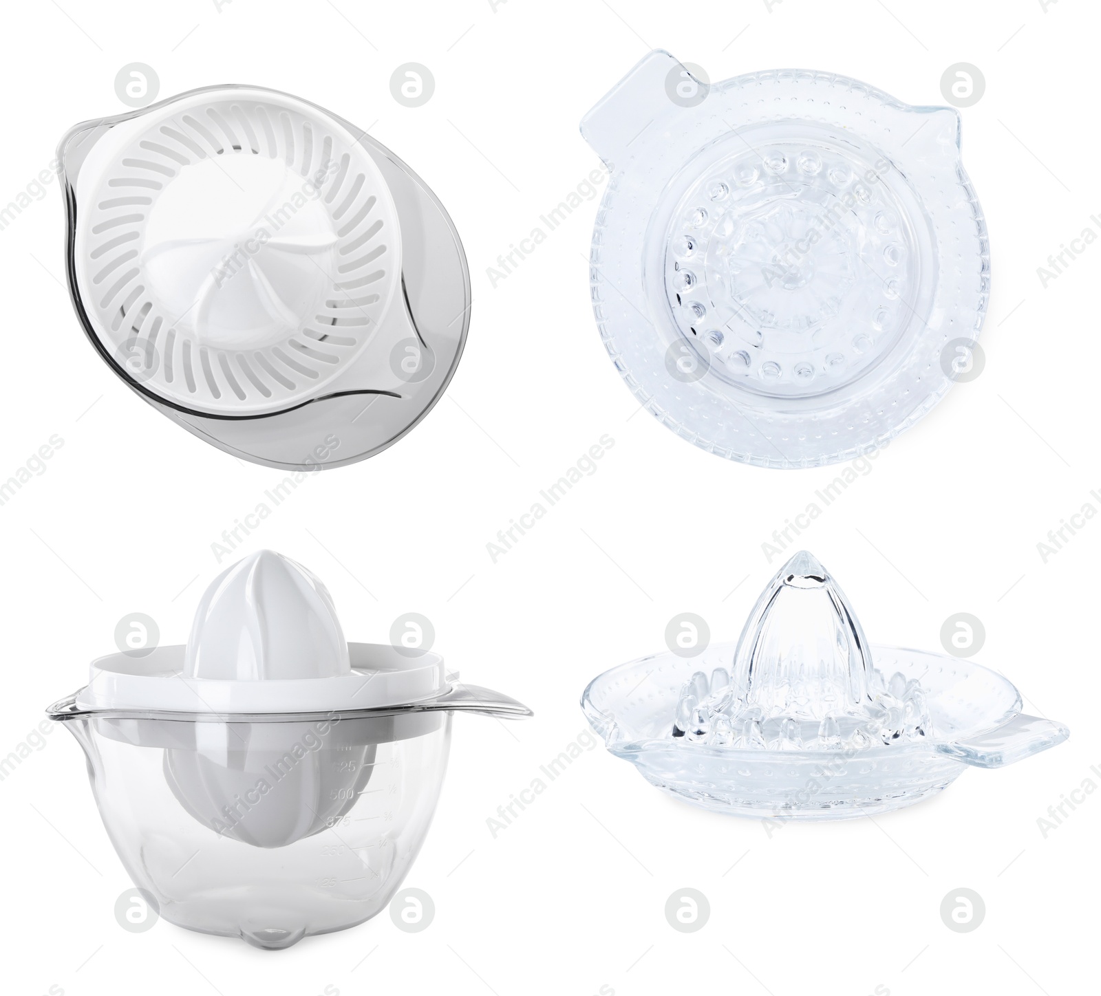 Image of Glass and plastic juicers isolated on white, collection