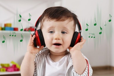 Image of Cute little boy with headphones at home. Music notes flying around