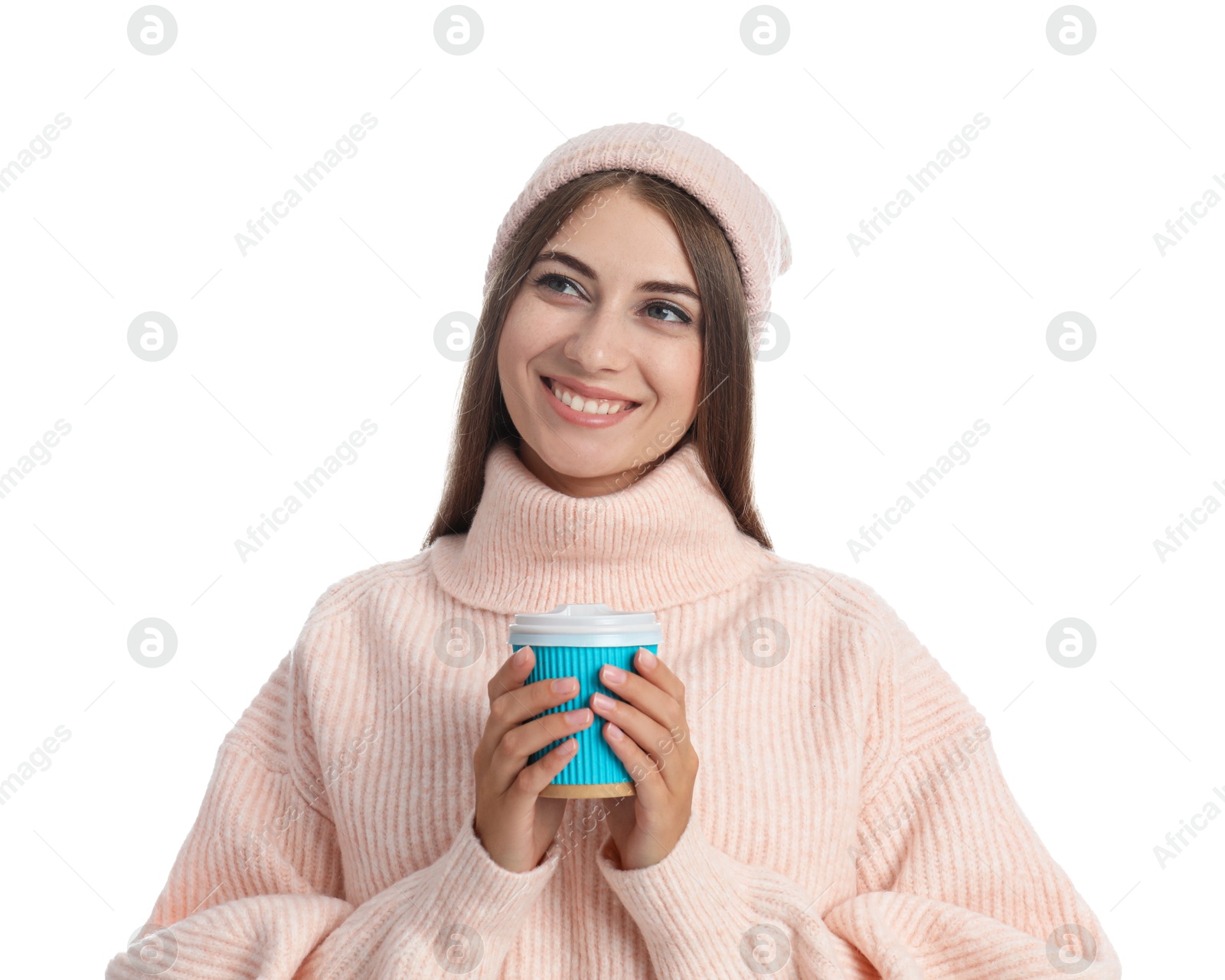 Photo of Happy beautiful woman with paper cup of mulled wine on white background