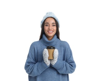 Photo of Happy beautiful woman with paper cup of mulled wine on white background