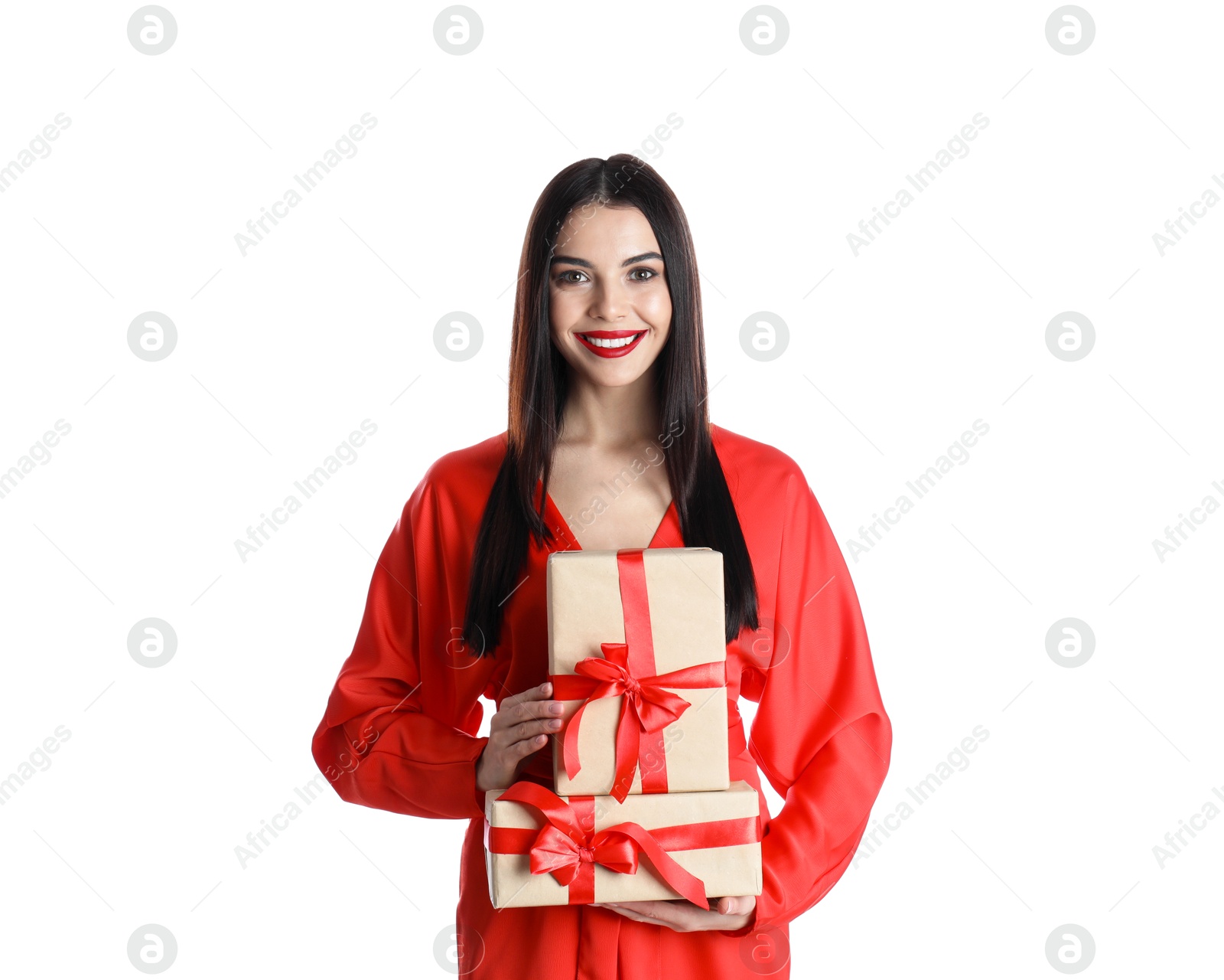 Photo of Woman in red dress holding Christmas gifts on white background