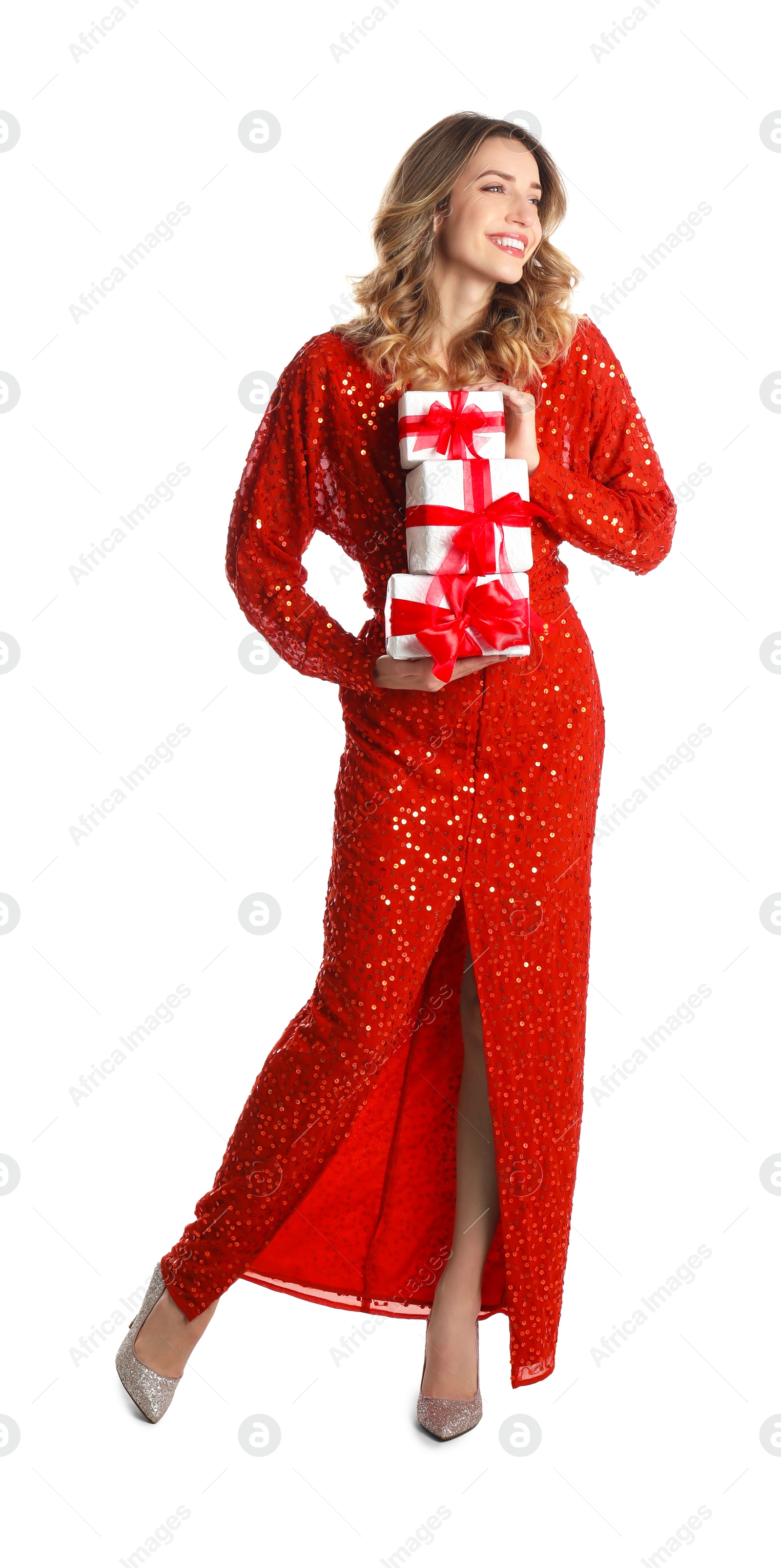 Photo of Beautiful young woman with Christmas presents on white background