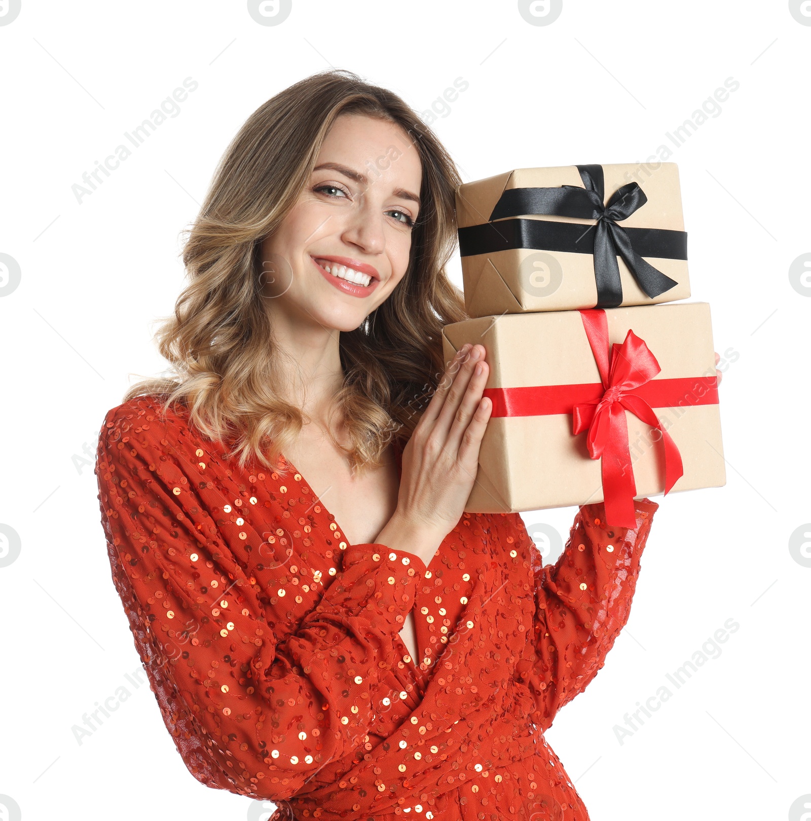 Photo of Beautiful young woman with Christmas presents on white background