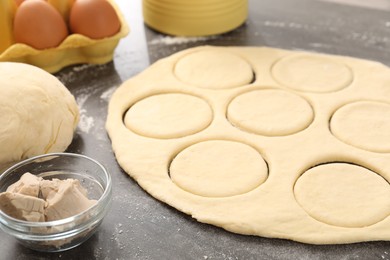 Photo of Making pirozhki (stuffed pastry pies). Raw dough and ingredients on gray table, closeup