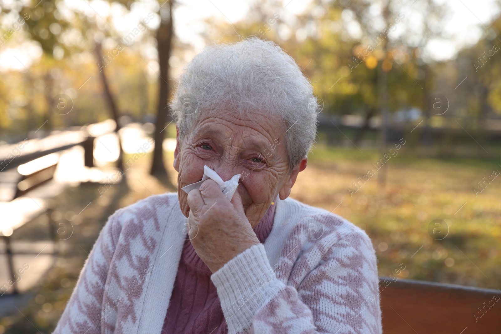 Photo of Senior woman with tissue blowing runny nose in park