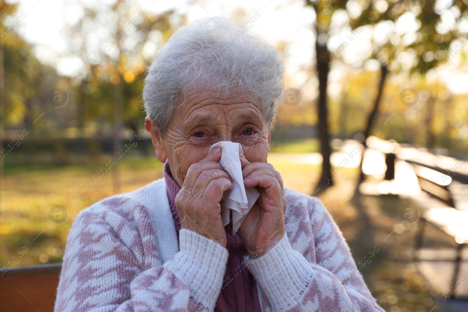 Photo of Senior woman with tissue blowing runny nose in park