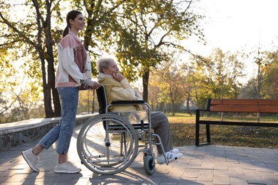 Photo of Caregiver with elderly woman in wheelchair at park