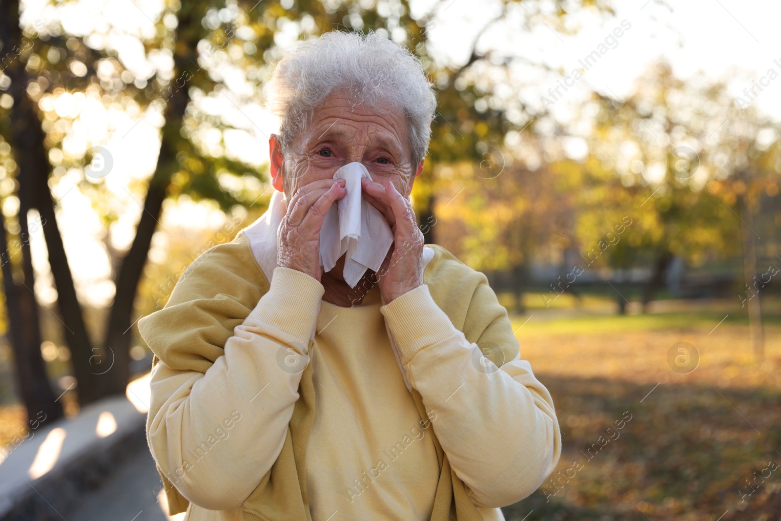 Photo of Senior woman with tissue blowing runny nose in park