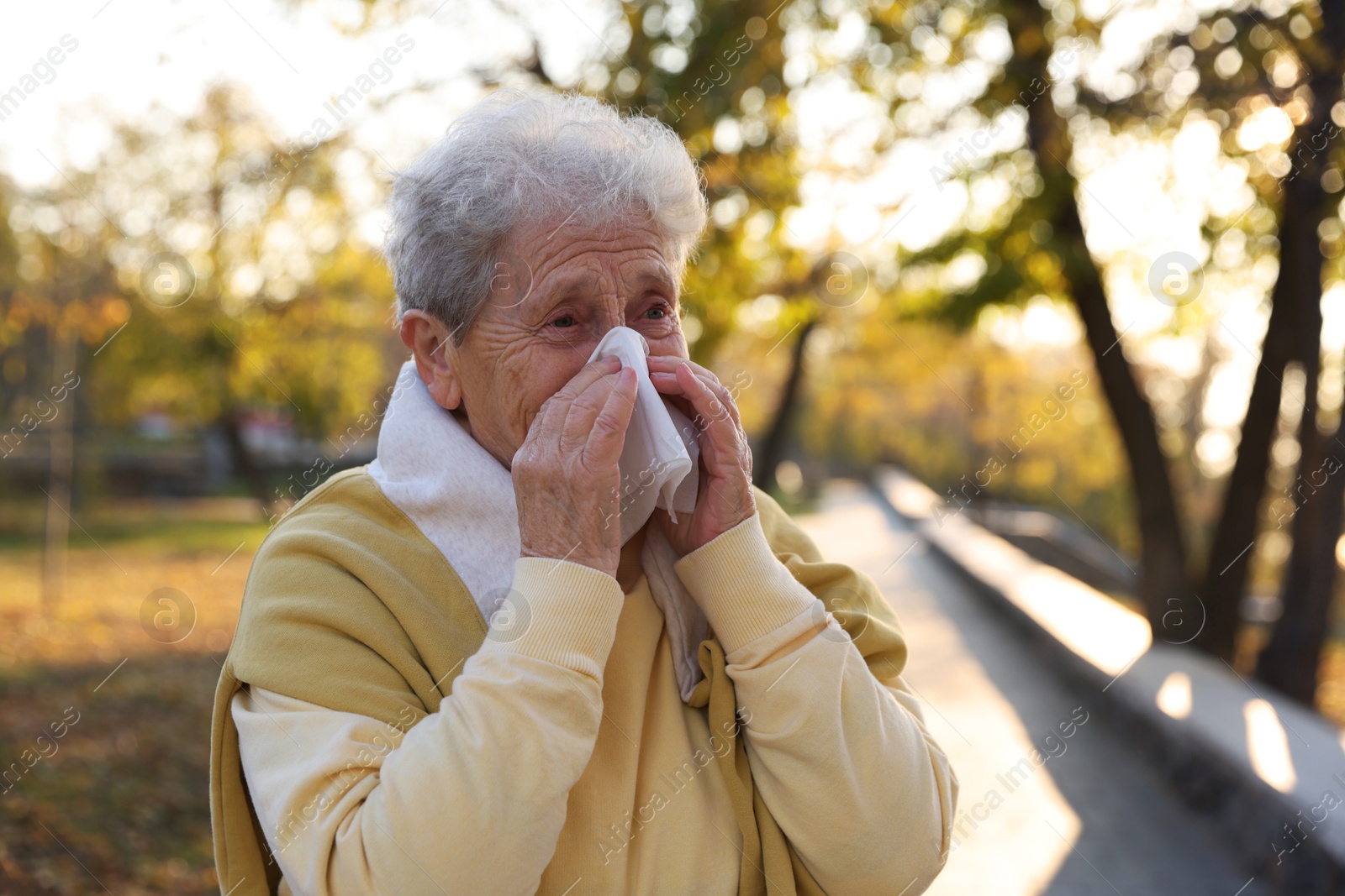 Photo of Senior woman with tissue blowing runny nose in park