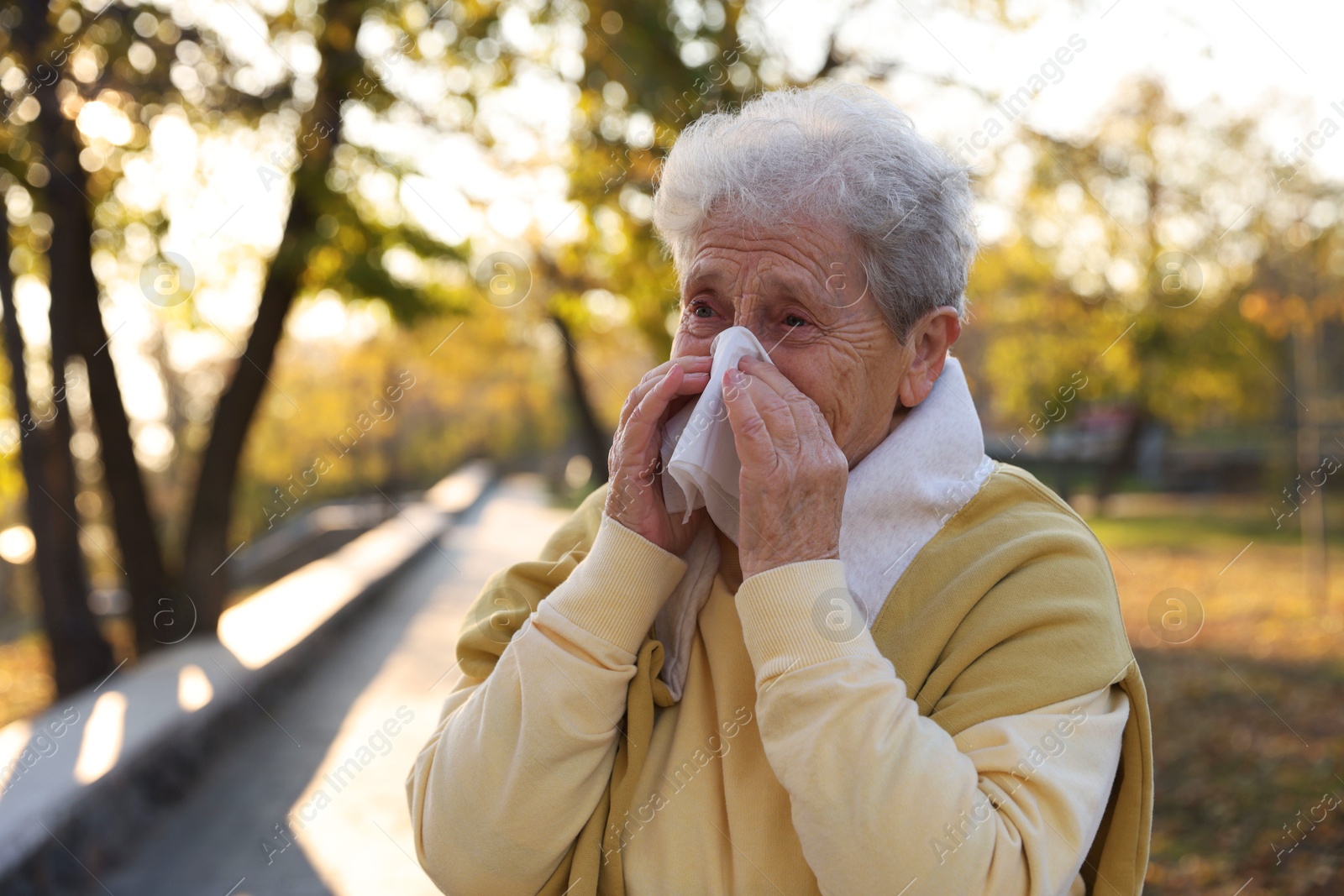 Photo of Senior woman with tissue blowing runny nose in park