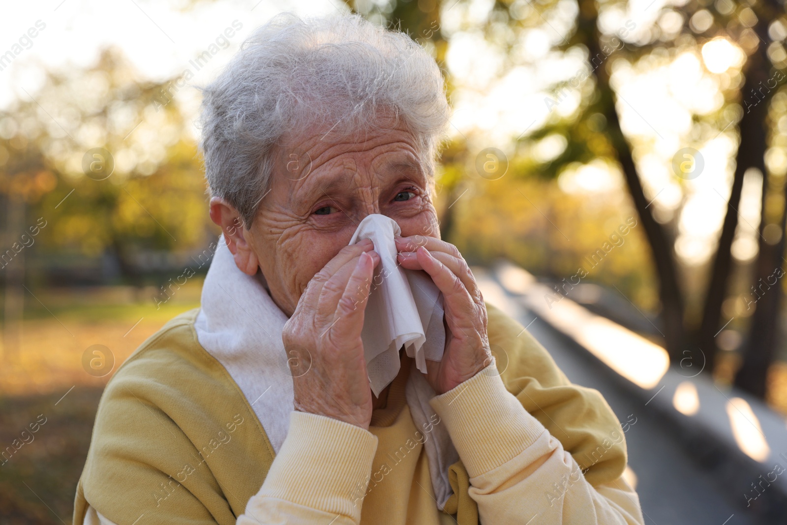 Photo of Senior woman with tissue blowing runny nose in park