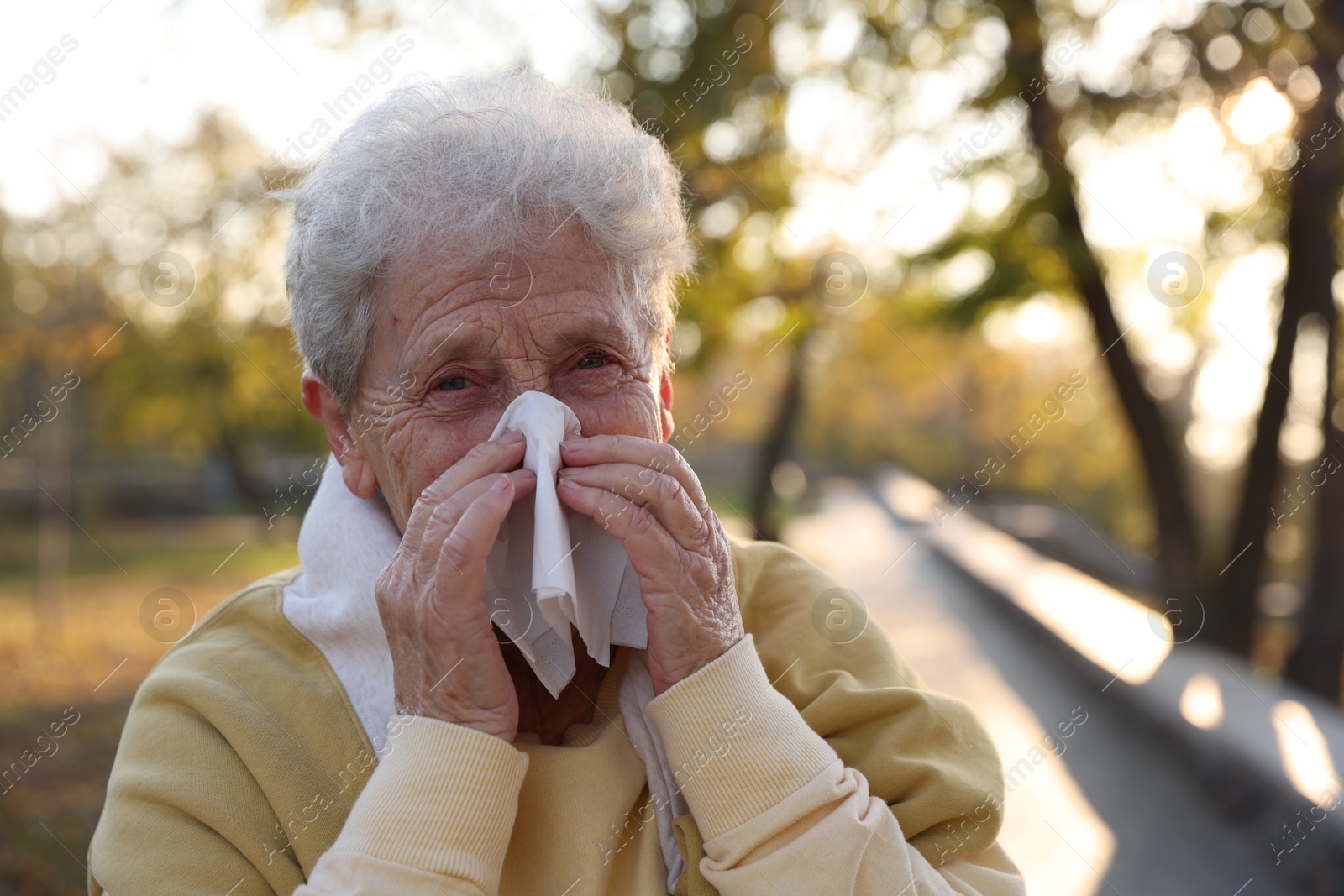 Photo of Senior woman with tissue blowing runny nose in park