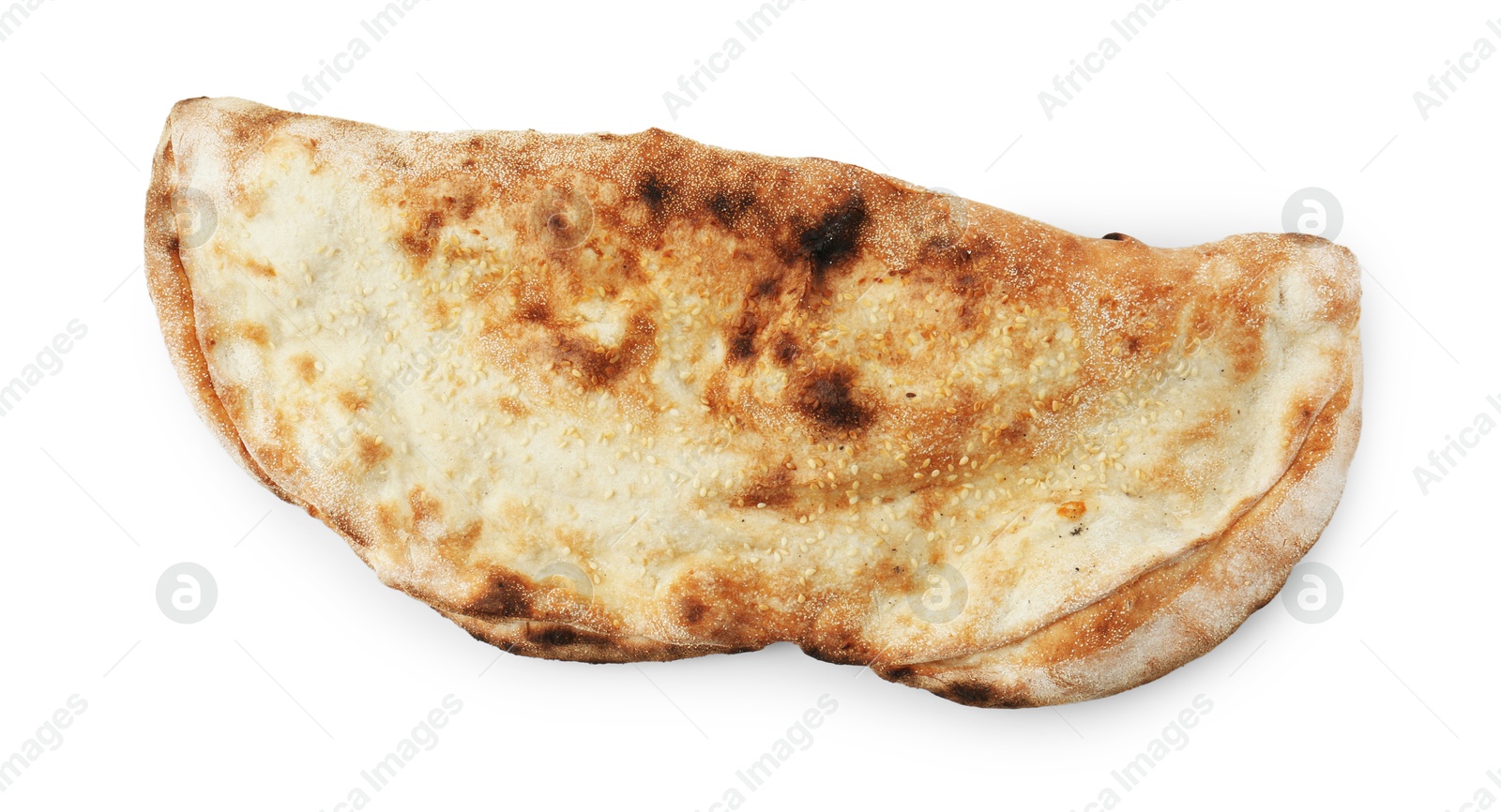 Photo of One delicious calzone isolated on white, top view